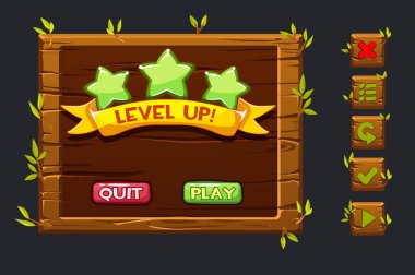 Vektör oyun UI kiti. Şablon ahşap menü graphical kullanıcı arayüzey GUI ve 2d Oyunlar oluşturmak için düğmeler. Şerit düzey yukarı, yıldız kutsal kişilerin resmi ve set düğmeleri,