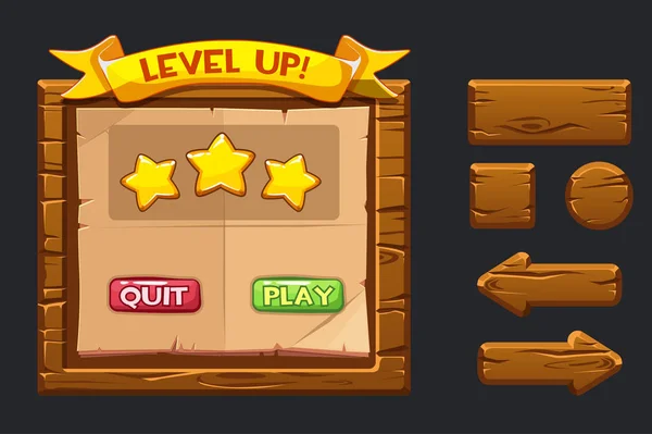 Juego vectorial ui kit. Plantilla de menú de madera de interfaz gráfica de usuario GUI y botones para construir juegos 2D. Cinta de nivel, iconos estrella y botones de reproducción y dejar de fumar . — Vector de stock