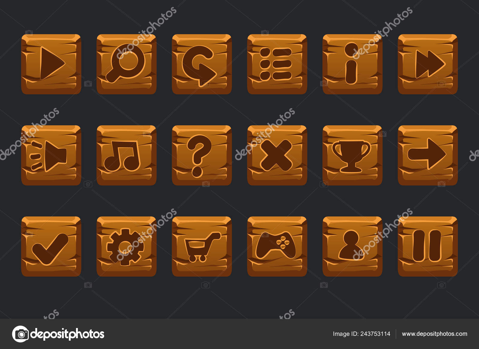 Vector game ui kit. Set of cartoon wooden square buttons for graphical user interface GUI and 2D games. Stock Vector Image by © #243753114 Vector game ui kit. Set of cartoon wooden square buttons for graphical user interface GUI and 2D games. Stock Vector Image by © #243753114