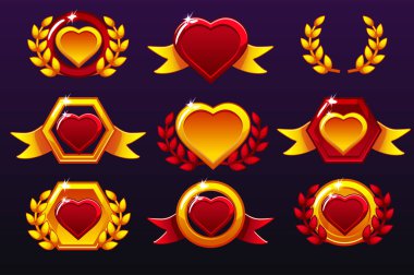 Kalpler kırmızı ayarlayın. Altın şablon Ödülleri, Mobil Oyunlar simgeler yaratmak için. Varlıkları, Mobile App simgeleri farklı formları ve defne çelengi zafer kumar vektör kavramı. Ayrı katmanlarda izole