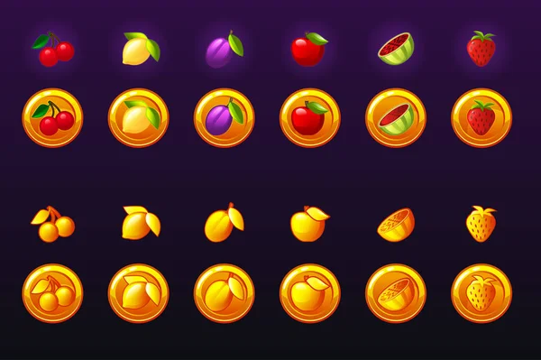 Meyve Yuvaları Icon set. 2D oyun altın sikke simge. Oyun casino, slot, kullanıcı arabirimi. — Stok Vektör