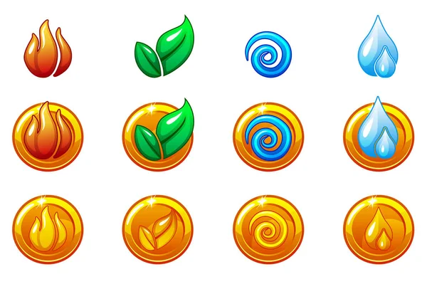 Iconos de naturaleza de cuatro elementos, conjunto de símbolos redondos dorados. Viento, fuego, agua, símbolo de la tierra — Vector de stock