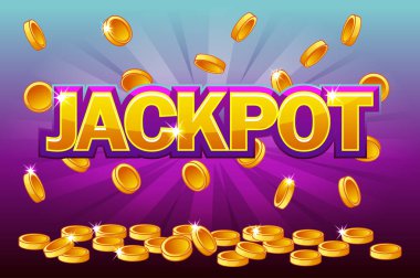 Jackpot ve en iyi altın sikke üzerinden yükseliyor. Madeni para sıçrama, yağmur para vektör. Casino, slot, rulet ve oyun UI için vektör çizim