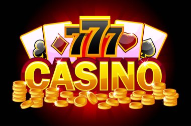Casino banner. Poker, 777, iskambil ve para sembol. Casino, slot, rulet ve oyun UI için vektör çizim. Ayrı bir katmandaki nesneler