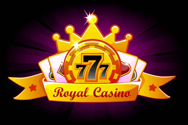 Casino Royale afiş şerit ve taç, simge ve metin ile. Poker, 777, iskambil ve oyun çip semboller. Casino, yuvaları ve oyun UI için vektör çizim. Ayrı bir katmandaki nesneler — Stok Vektör