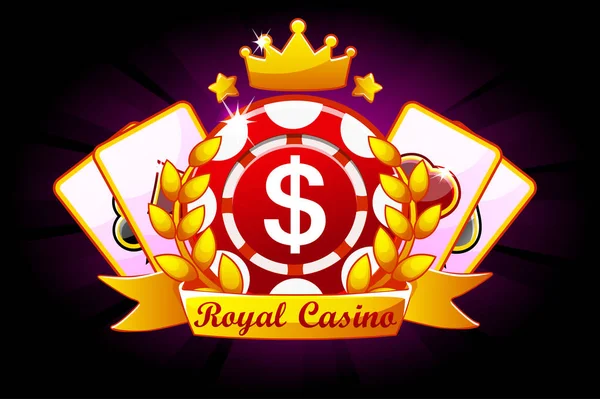 Casino Royale πανό με κορδέλα και η κορώνα, το εικονίδιο και κείμενο. Σύμβολα πόκερ, 777, παίζοντας χαρτιά και παιχνίδι chip. Εικονογράφηση διάνυσμα για καζίνο, κουλοχέρηδες και παιχνίδι Ui. Αντικείμενα σε ένα ξεχωριστό επίπεδο — Διανυσματικό Αρχείο