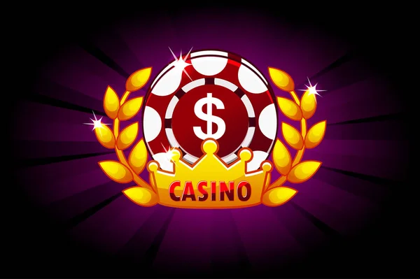Casino en banderoll med poker chip och krona, ikon och text. Symboler poker. Vektorillustration för casino, spelautomater och spel Ui. Objekt på ett separat lager — Stock vektor