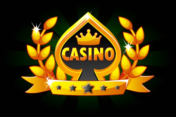 Símbolo de casino y cartas. Banner con cinta y corona de laurel, icono y texto. Ilustración vectorial para casino, tragamonedas e IU de juego. Objetos en una capa separada — Archivo Imágenes Vectoriales