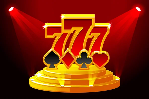 777 und Spielkartensymbole auf dem Podium der Bühne. Vektor Illustration für Casino, Spielautomaten, Roulette und ui. Symbole auf einzelnen Ebenen. — Stockvektor