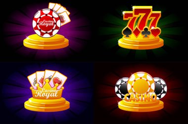 Casino ve Poker simgeler. Poker, 777, iskambil ve oyun çip semboller. Casino, yuvaları ve oyun UI için vektör çizim.