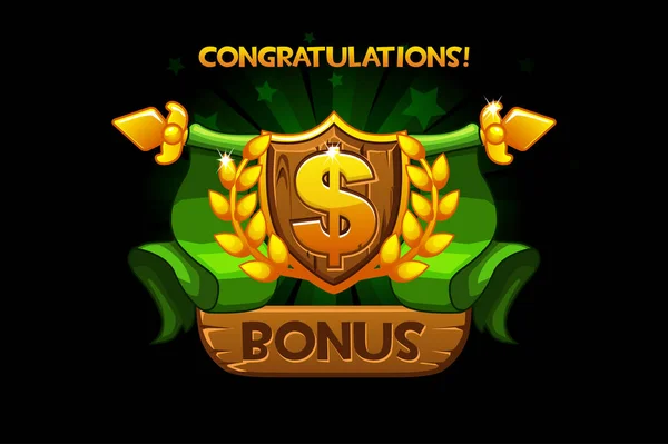 Receiving the cartoon achievement game screen. Vector Award Shield icon. Dollar sign. For game, user interface, banner, application, game development. — Stock Vector