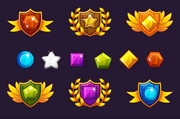 Receiving achievement Awards Shield and Gems set, different Awards. For game, user interface, banner, application, interface, slots, game development. — Stock Vector