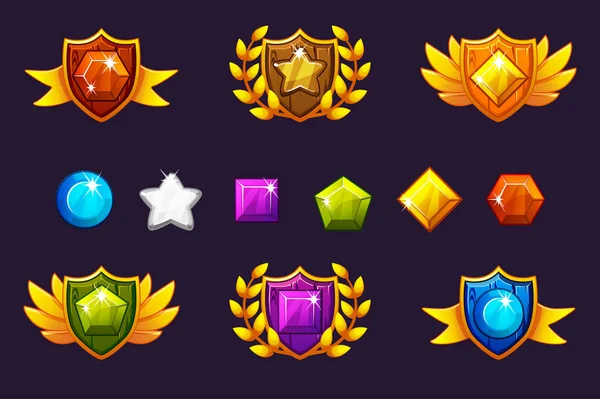 Recebendo realização Awards Shield and Gems set, diferentes prêmios. Para jogo, interface de usuário, banner, aplicação, interface, slots, desenvolvimento de jogos . — Vetor de Stock