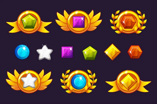 Receiving achievement Awards coin and Gems set, different Awards. For game, user interface, banner, application, interface, slots, game development. — Stock Vector