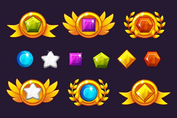 Recebendo a moeda de prêmios de realização e jogo de Gems, prêmios diferentes. Para jogo, interface de usuário, banner, aplicação, interface, slots, desenvolvimento de jogos . — Vetor de Stock