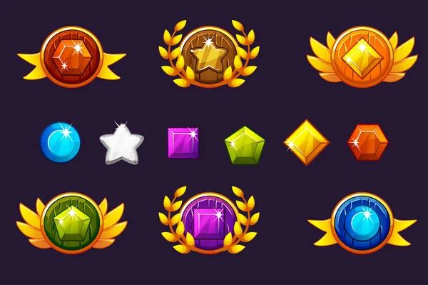 Başarı alma yuvarlak kalkan ve mücevher seti, farklı ödül ödüller. Oyun, kullanıcı arabirimi, afiş, uygulama, arabirimi, yuvaları, oyun geliştirme için.