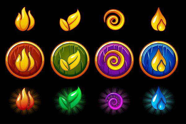 Cuatro elementos iconos de la naturaleza, conjunto escudo redondo de madera. Viento, fuego, agua, símbolo de la tierra — Vector de stock