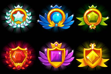 Başarı alma, vektör şablonları Ödülleri ve değerli taş. Oyun, kullanıcı arayüzü, uygulama, arabirimi, yuvaları, oyun geliştirme için.