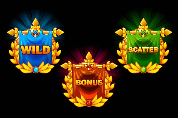 "Slots" pictogrammen, vector collecties symbolen wild, bonus en scatter. Voor spel, gebruikersinterface, toepassingen, interface, "slots" en 2d game ontwikkeling. — Stockvector