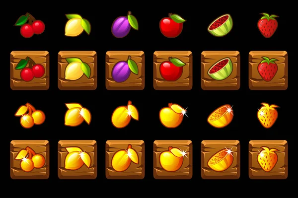 Frutas ranuras icono establecido en el cuadrado de madera. Juego de casino, ranura, interfaz de usuario . — Vector de stock