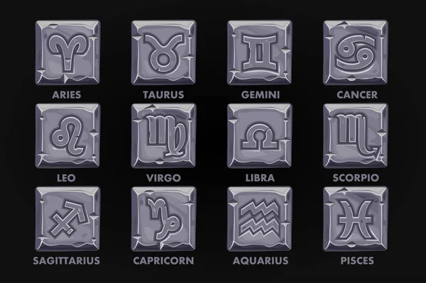 Astrologie-Zeichen auf Steinknopf, Set 12 Tierkreiszeichen — Stockvektor