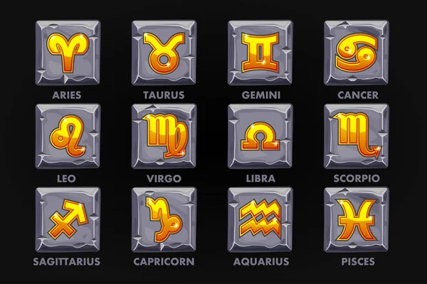 Goldene Astrologie-Zeichen auf Steinknopf, 12 Tierkreiszeichen gesetzt — Stockvektor