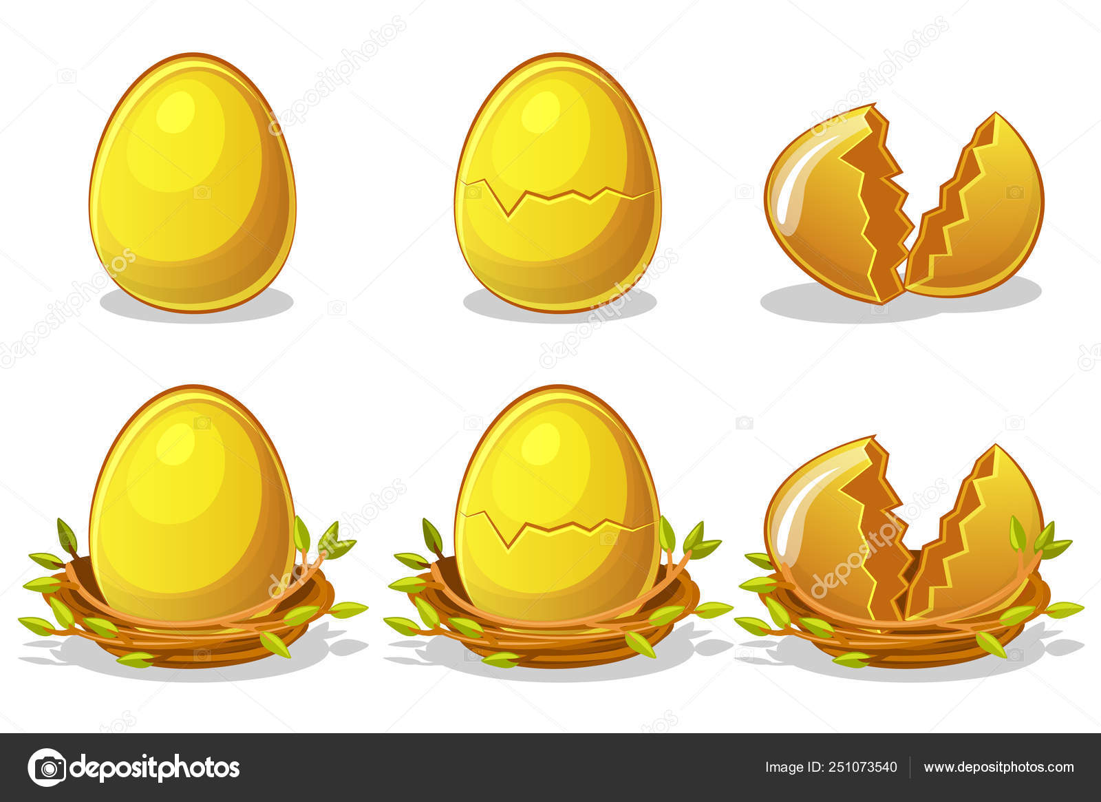 Golden Eggs in birds nest of twigs. Vector Easter symbol. Normal, damaged  and broken. Stock Vector by ©BabySofja.gmail.com 251073540, image size:1600x1165