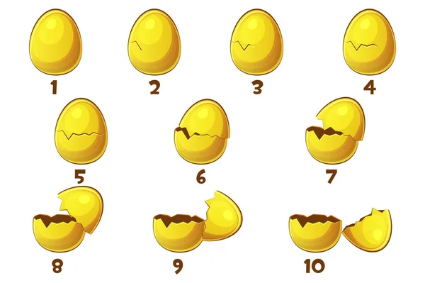 Złote jaja, animacje kroków 10 jaj. Wektor symbol Wielkanocy. Normalny, uszkodzone i łamane. — Wektor stockowy