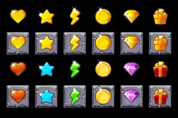 Készlet ikonok Ui játék kő téren a játék. Játék kaszinó, slot, felhasználói felület — Stock Vector