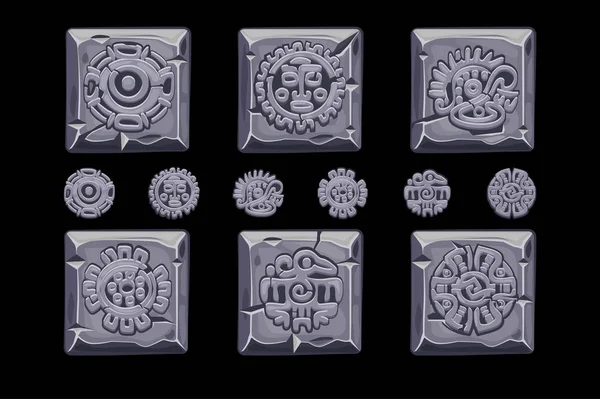 Antiguos símbolos de la mitología mexicana aislados en piedra cuadrada. Azteca americana, cultura maya tótem nativo. Iconos vectoriales . — Vector de stock