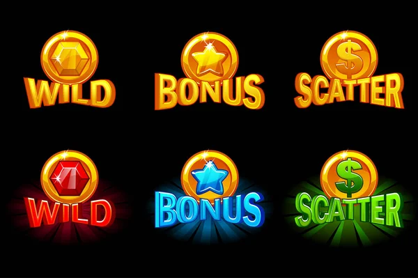 Uppsättning slots ikonen mallar. Guld och färg ikoner vilda, bonus och scatter. För spel, slots, spelutveckling. — Stock vektor