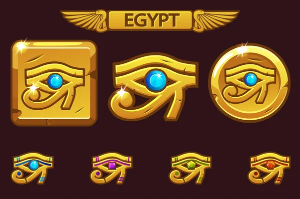 Egypt Eye of Horus ikonou barevných drahokamů, zlaté mince a náměstí. — Stockový vektor