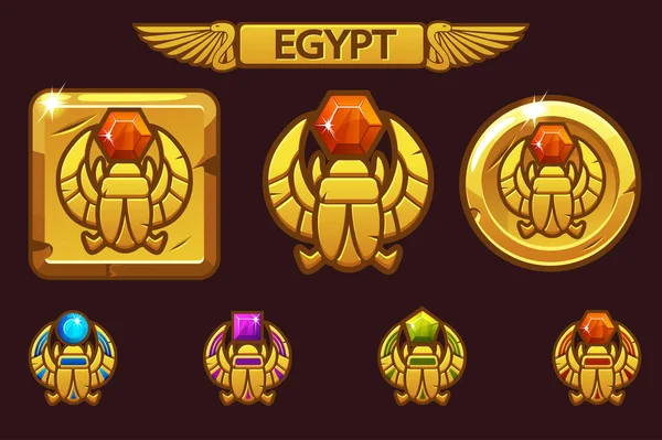 Egyptský scarabský symbol faraóna s barevnými drahými drahokamy. Ikony pro egyptské vektorové — Stockový vektor
