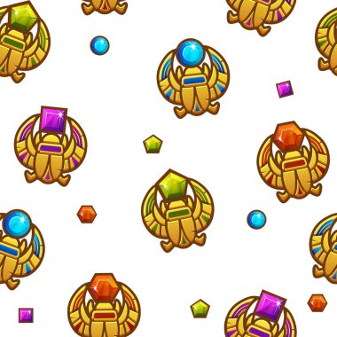 Renkli değerli taşlar, altın simgesi ile vektör Dikişsiz desen Mısır Scarab sembolü.