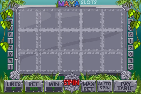 Vektor azték bővítőhelyek. Teljes menü grafikus felhasználói felület és a teljes készlet-ból gombok a klasszikus kaszinó játékok létrehozása. Interfész slot machine Maya stílusban — Stock Vector