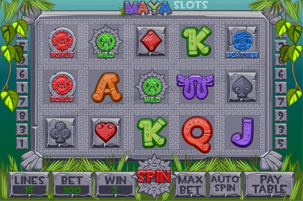 Vecteur Aztec Slots icônes de pierre. Menu complet d'interface utilisateur graphique et ensemble complet de boutons pour la création de jeux de casino classiques. Interface machine à sous dans le style Maya. Jeu de casino, fente, UI . — Image vectorielle