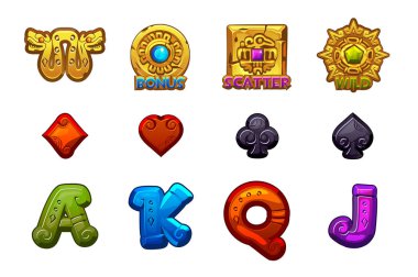 Karikatür Maya Yuvaları taş simgeler. Antik Meksika mitolojisi vektör sembolleri. Oyun Casino, slot, ui.