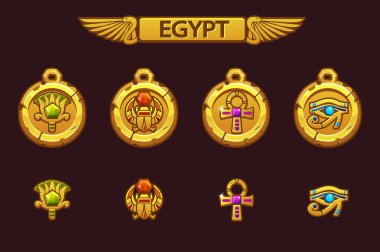 Vektör Mısır Talismans Scarab, göz, çiçek ve Cross ile. Renkli değerli taşlar ile Olden Mısır altın muska.