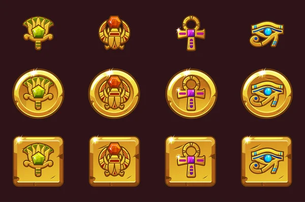 Vector símbolos egipcios con gemas preciosas de colores. Egipto iconos de oro en diferentes versiones — Vector de stock