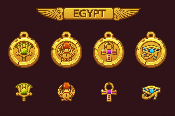 Talismãs egípcios vetores com escaravelho, olho, flor e cruz. Olden Egito amuleto dourado com pedras preciosas coloridas . — Vetor de Stock