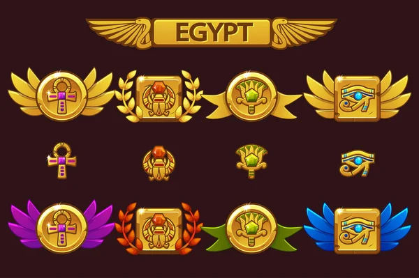 Vektor ägyptischen Auszeichnungen mit Skarabäus, Auge, Blume und Kreuz. Erhalt der Errungenschaft des Cartoonspiels mit farbigen Edelsteinen. — Stockvektor