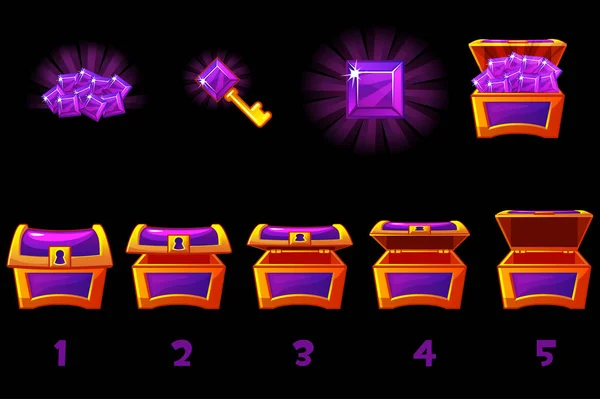 紫色の貴重な宝石でアニメーション宝箱。ステップバイステップ、完全かつ空、開いて閉じたボックス。別々のレイヤー上のアイコン. — ストックベクタ