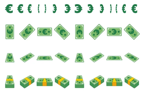 Papier monnaie d'animation Euro étape par étape. Cartoon wad de trésorerie dans différentes positions isolées sur des couches distinctes. Conception plate . — Image vectorielle