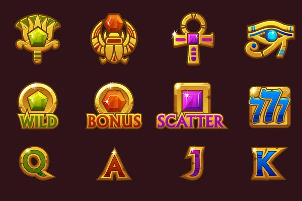 Iconos egipcios para máquinas de casino juego de tragamonedas con gemas preciosas de colores. Vector ranuras iconos en capas separadas . — Vector de stock