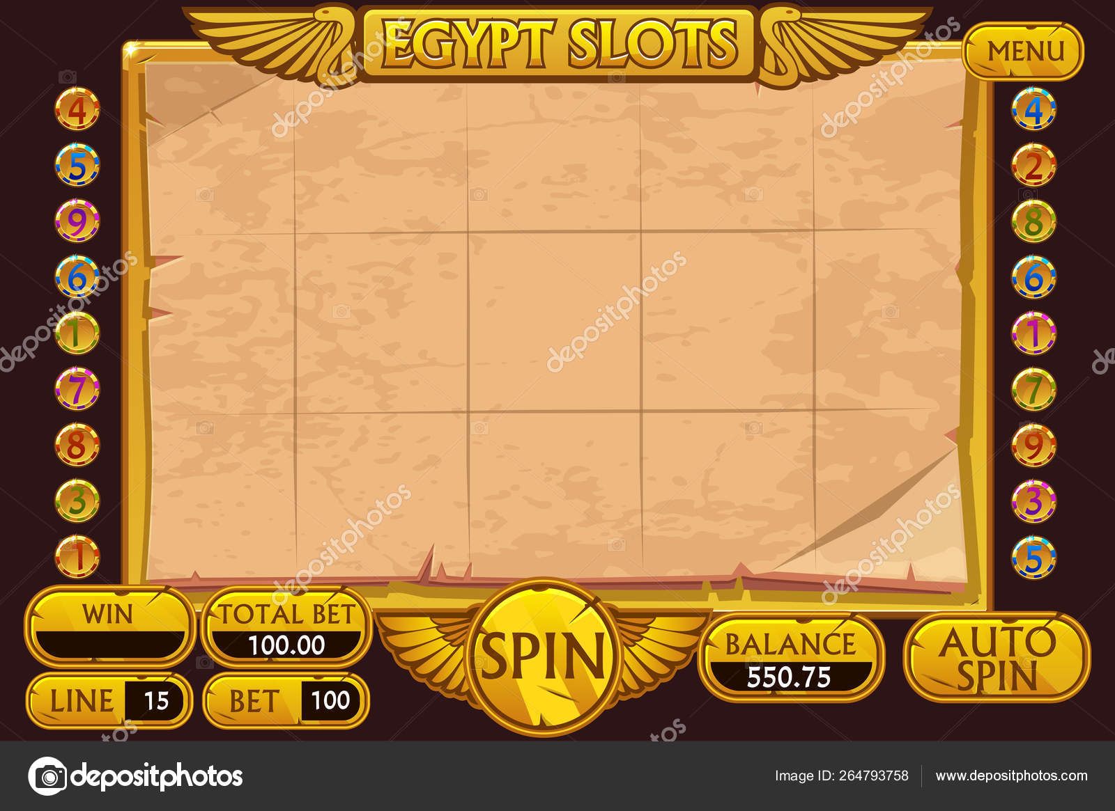 埃及风格的赌场老虎机游戏。完整的接口老虎机和按钮在单独的层. 图库矢量图©BabySofja.gmail.com 264793758
