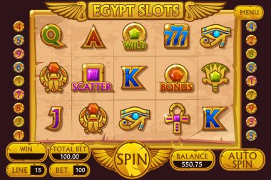 Mısır tarzı Casino slot makinesi oyunu. Komple Arayüz Slot Makinesi ve düğmeleri ayrı katmanlarda.
