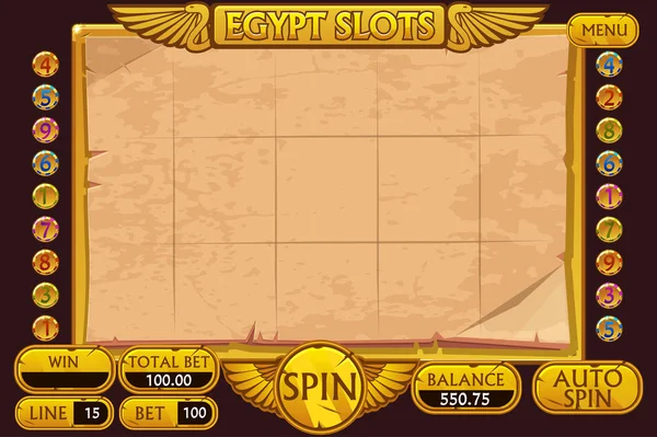 Egypte stijl casino gokkast spel. Complete interface slot machine en knoppen op afzonderlijke lagen. — Stockvector