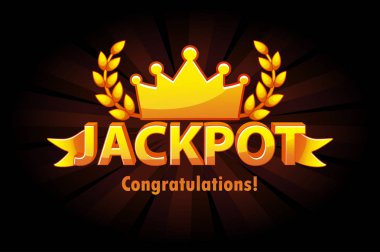 Jackpot altın casino loto etiketi siyah arka plan üzerinde taç ile. Altın metin ve kurdele ile Casino ikramiye kazanan ödüller. Ayrı katmanlarda nesneler.