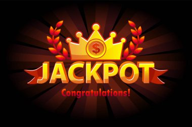 Jackpot altın casino loto etiketi taç ile. Altın metin ve kırmızı kurdele ile Casino ikramiye kazanan ödüller. Ayrı katmanlarda nesneler.