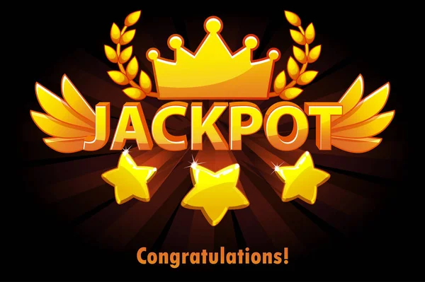 Jackpot-zlatá kasina-štítek se střelbou hvězd na černém pozadí. Vítěz Casino Jackpot ocení zlatým textem a křídly. Objekty v samostatných vrstvách. — Stockový vektor